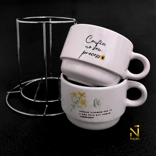 Torre com Duas Xícaras Personalizadas 150ml + Suporte Metal