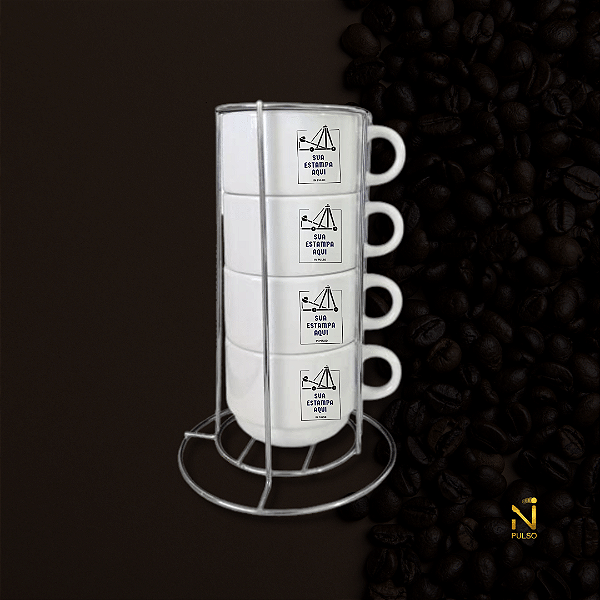 Torre com Quatro Xícaras 150ml Personalizadas + Suporte Metal