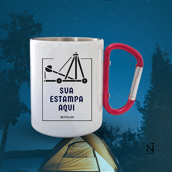 Caneca Aço Inox Branca 300ml Alça Mosquetão Vermelha