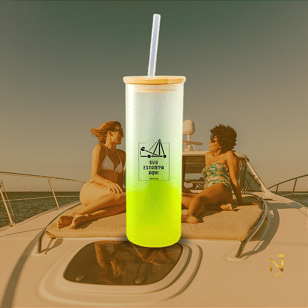 Copo Vidro Degradê Personalizado Tampa Bamboo e Canudo 500ml