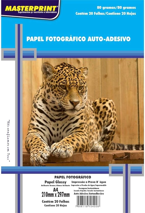 Papel Fotografico Inkjet A4 Glossy Adesivo 80G. - Pacote Com 20, Masterprint, 302010073, Branco