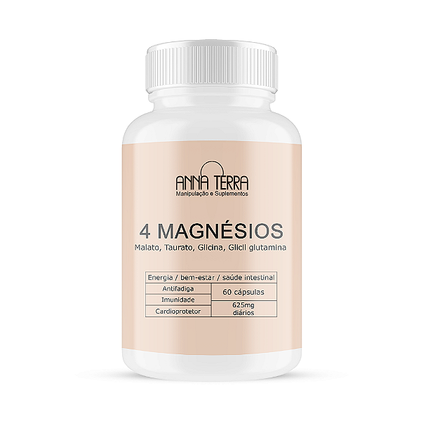 4 Magnésios - Malato, Glicil glutamina, Taurato, Glicina - 625mg - 60 cápsulas