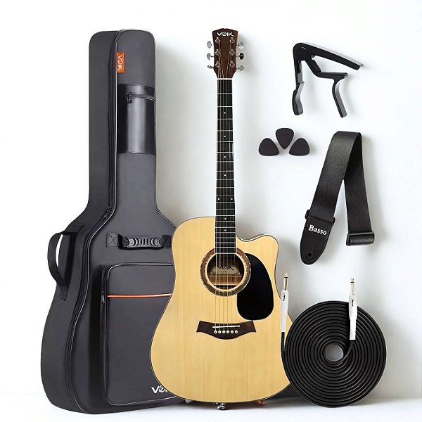 Kit Violão Elétrico Folk Voik Serenata com Bag e Acessórios