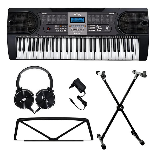 Kit Teclado Musical 61 Teclas Voik VTM-3000 Com Suporte em X