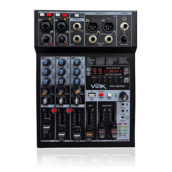 Mesa de Som 4 Canais com USB e Bluetooth 48v Igreja Voik VMX-402PRO