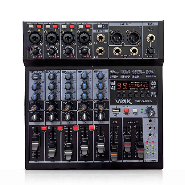 Mesa de Som 6 Canais com USB e Bluetooth 48v Igreja Voik VMX-602PRO