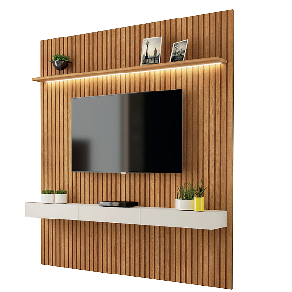 Painel Home Ripado Inovare 1.85m C/ Led Sala TV até 75 polegadas Carvalho/OffWhite