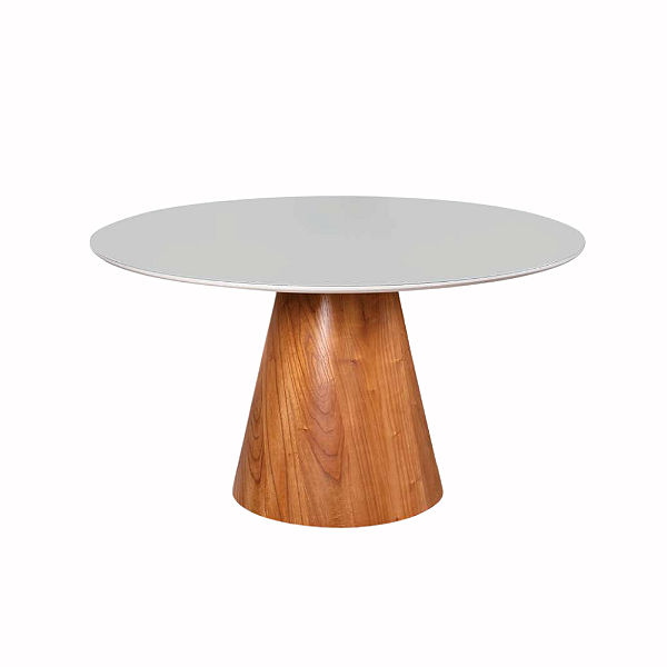 Mesa Jantar Fênix Redonda 1.50m Base Madeira Tampo Vidro Laq
