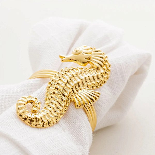 Conjunto 4 Anéis para Guardanapos de Zinco Cavalo Marinho Dourado 6cm x 4cm x 4cm - Wolff