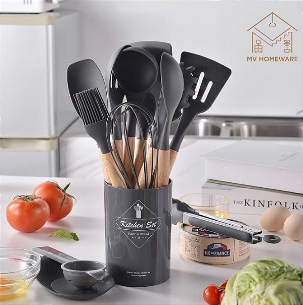 Kit de Utensilios de Cozinha em Silicone com Cabo de Madeira PRETO - 12 Peças