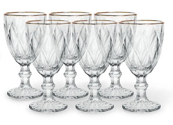 Conjunto 06 Taças Diamante com Filete Dourado 340ML