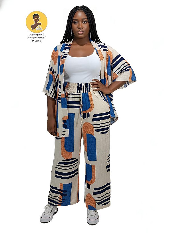Conjunto Kimono e Calça Pantalona Estampado