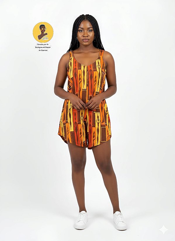 Macaquinho Curto Afro Estampado Composição 96% Poliéster 04% Elastano