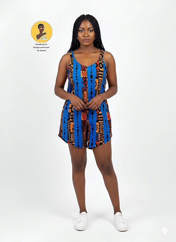 Macaquinho Curto Afro Estampado Composição 96% Poliéster 04% Elastano