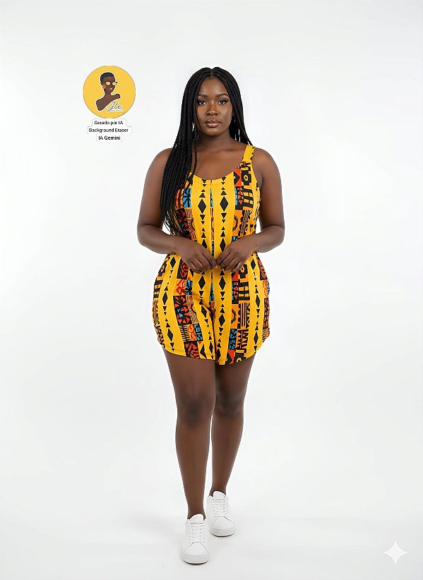 Macaquinho Curto Afro Estampado Composição 96% Poliéster 04% Elastano