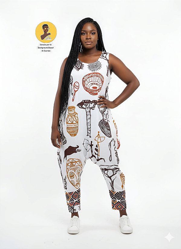 Macacão Saruel Estampa Afro – Composição 96% Poliéster 04% Elastano