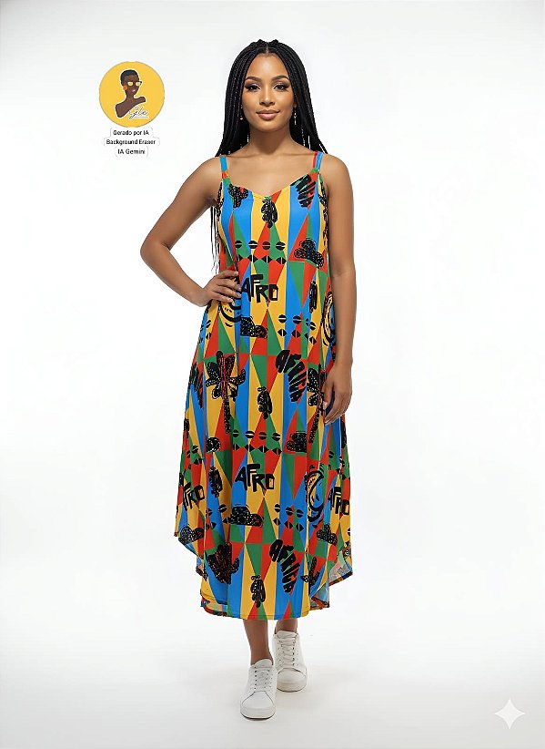 Vestido Longo Afro Geométrico Multicolor – 96% Poliéster 04% Elastano