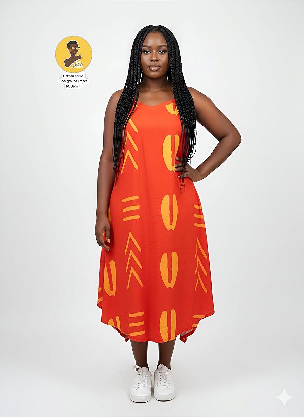 Vestido Longo Afro Vermelho Búzios Amarelo Minimalista – 96% Poliéster 04% Elastano
