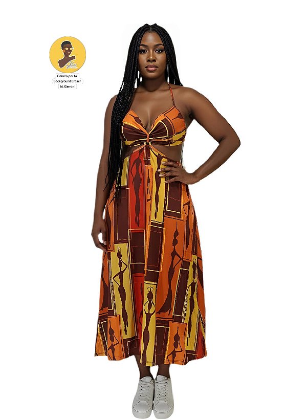 Vestido Longo Afro Cut Out Estampa Silhuetas Afro Tons Terrosos