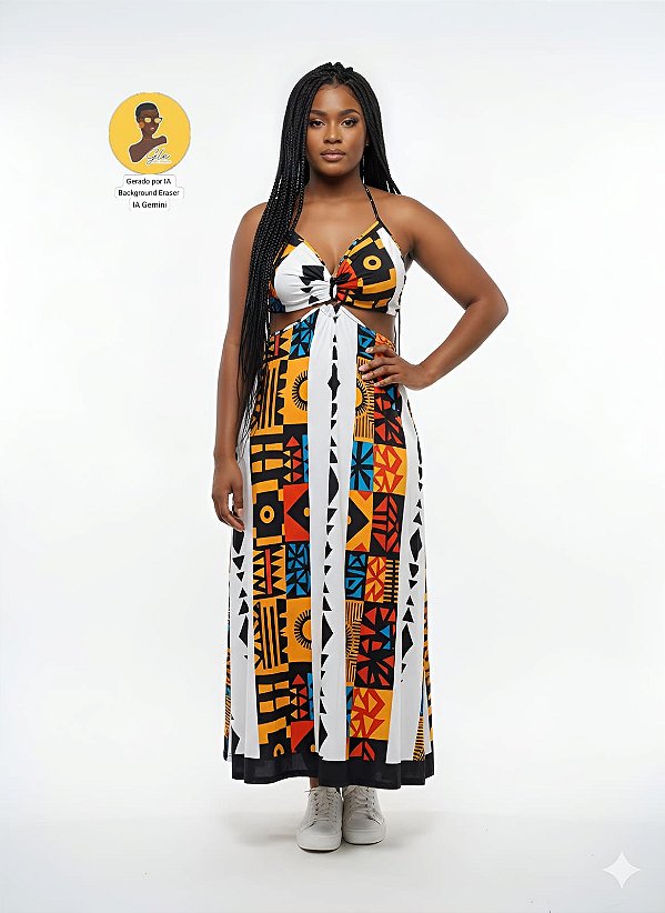 Vestido Longo Afro Cut Out Estampa Afro Multicolor com Faixas Brancas
