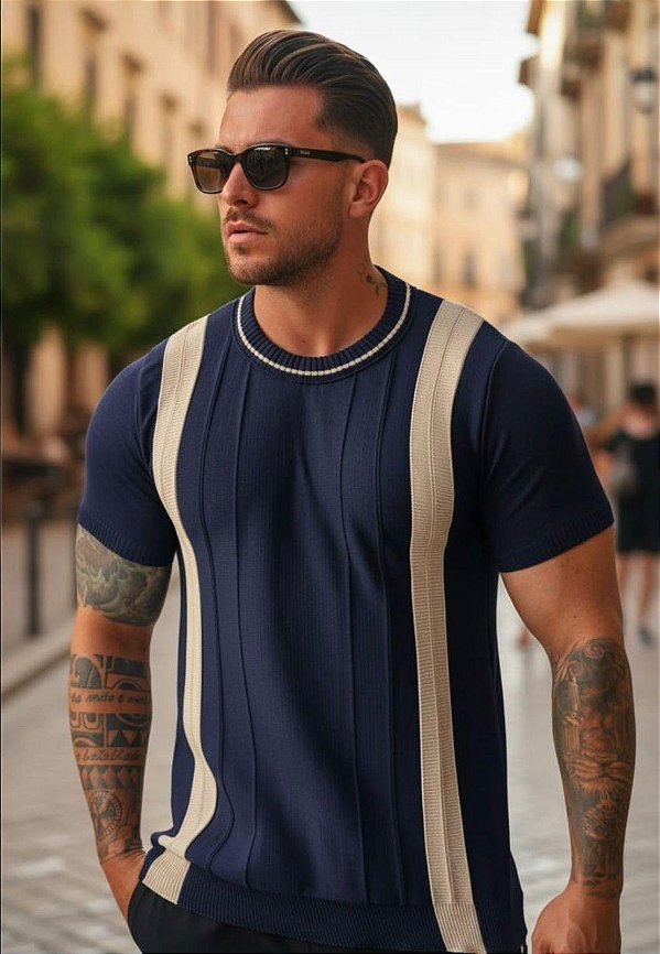 CAMISETA MASCULINA TEXTURIZADA AZUL/OFF WHITE