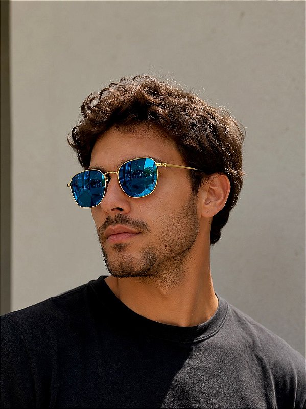 Óculos de Sol Hexagonal Miami - AZUL COM DOURADO