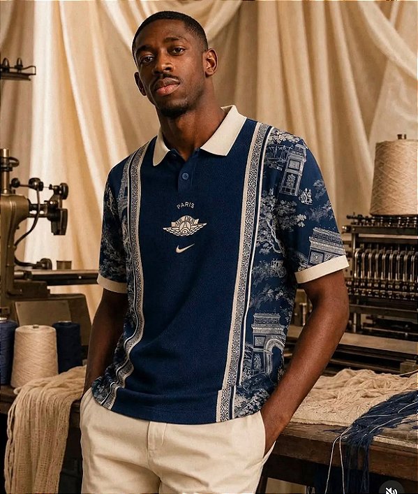 Camisa Polo Masculina Paris Toile de Jouy Azul Marinho