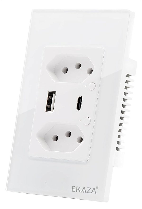 Tomada Dupla Inteligente 16A USB A C Branco Vidro Temperado