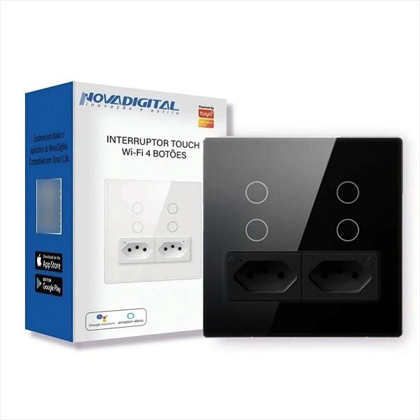 Interruptor Touch WiFi NovaDigital 4 Botões 2 Tomadas 4x4 Preto - C16
