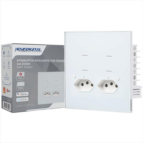 Interruptor Quartzo Zigbee NovaDigital 4 Botões 2 Tomadas 4x4 Branco