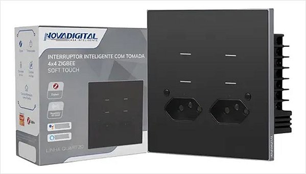 Interruptor Quartzo Zigbee NovaDigital 4 Botões 2 Tomadas 4x4 Preto