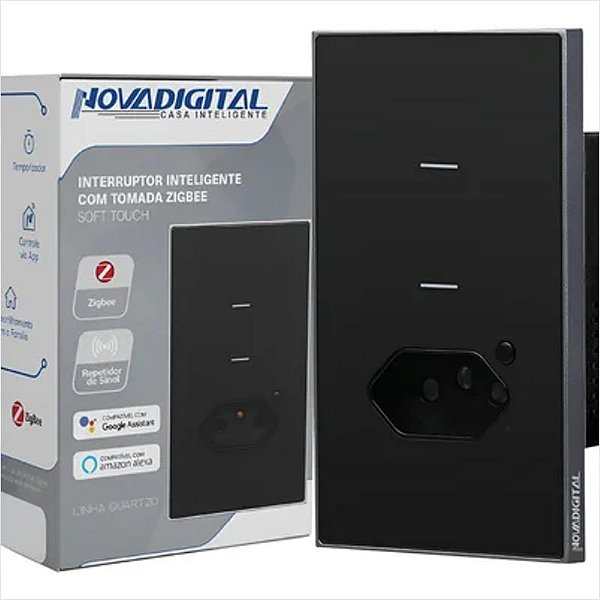 Interruptor Quartzo Zigbee NovaDigital 2 Botões 1 Tomada 4x2 Preto - I6NovaDigital