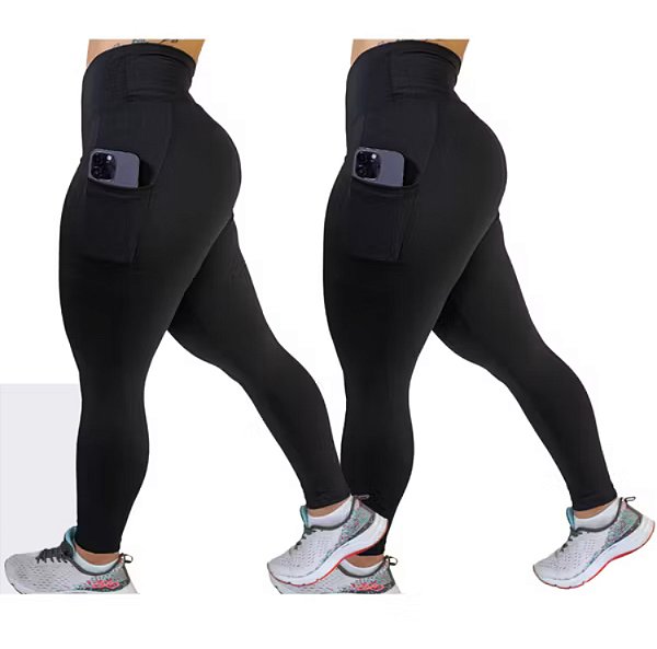 Calça legue de poliamida femininos zero transparência Bolso lateral