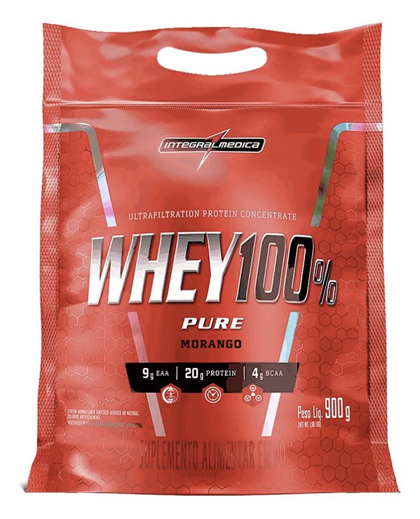 Whey 100% Pure Pouch Morango 900g Integralmedica - 21g de Proteína para Hipertrofia e Recuperação Muscular