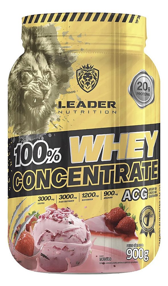 Proteína Whey Concentrada Leader Nutrition Morango 900g Sem Glúten