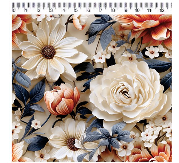 TRICOLINE DIGITAL 100% ALGODÃO ESTAMPADA 3D FLORAL 0,50cm x 1,50m | RB114C01