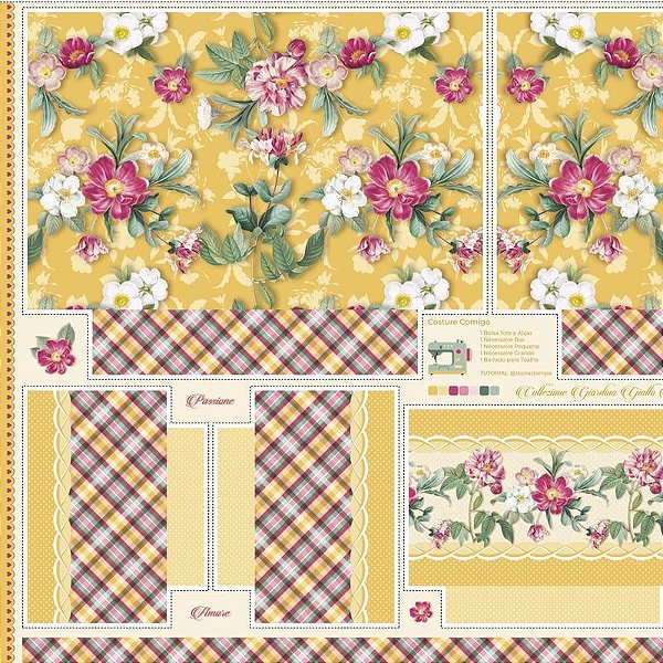 KIT BOLSA FLORAL AMARELO - PAINEL MOLDE COMPLETO [ BOLSA TOTE COM ALÇAS + NECESSAIRES ] + TRICOLINE XADREZ + TRICOLINE FLORAL - KITBOLSA-AM