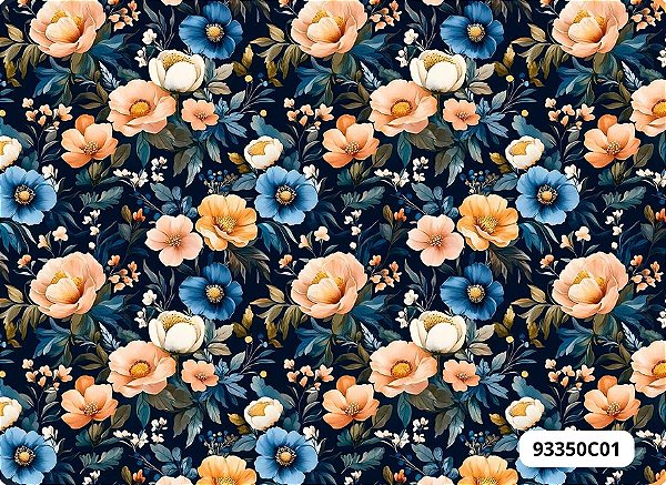 TECIDO TRICOLINE DIGITAL 100% ALGODÃO  ESTAMPADO ORANGE NAVY 0,50cm X 1,50m | 93350C01