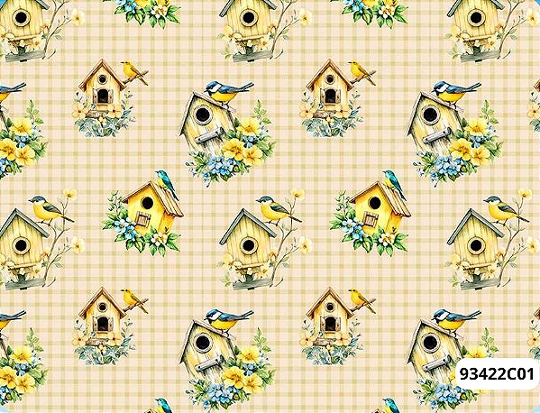 TRICOLINE DIGITAL 100% ALGODÃO ESTAMPADA 3D CASINHA PASSARO AMARELO 0,50cm X 1,50m | 93422C01