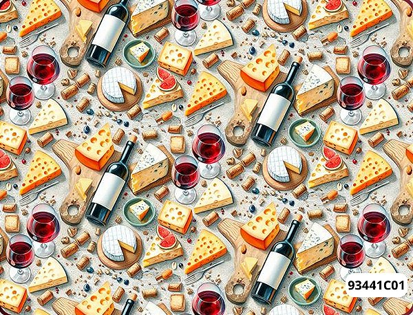 TECIDO TRICOLINE DIGITAL 100% ALGODÃO ESTAMPADA QUEIJO E VINHO 0,50cm x 1,50m | 93441C01