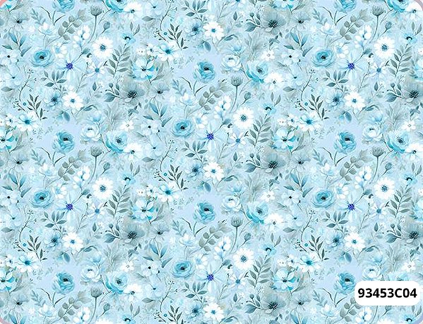 TRICOLINE DIGITAL 100% ALGODÃO ESTAMPADA FLORES E RAMOS AZUIS 0,50cm X 1,50m | 93453C04