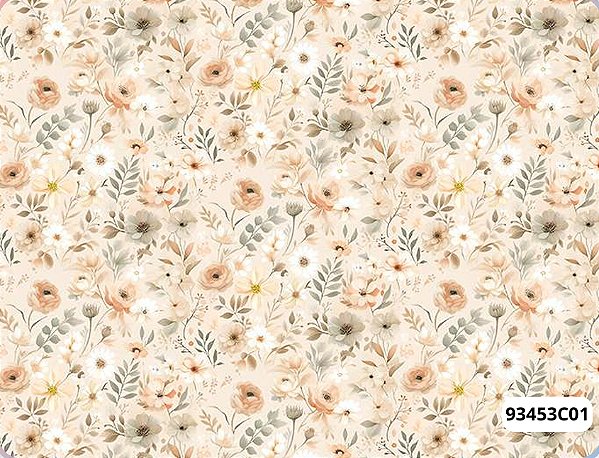 TRICOLINE DIGITAL 100% ALGODÃO ESTAMPADA FLORES E RAMOS BEGE 0,50cm X 1,50m | 93453C01