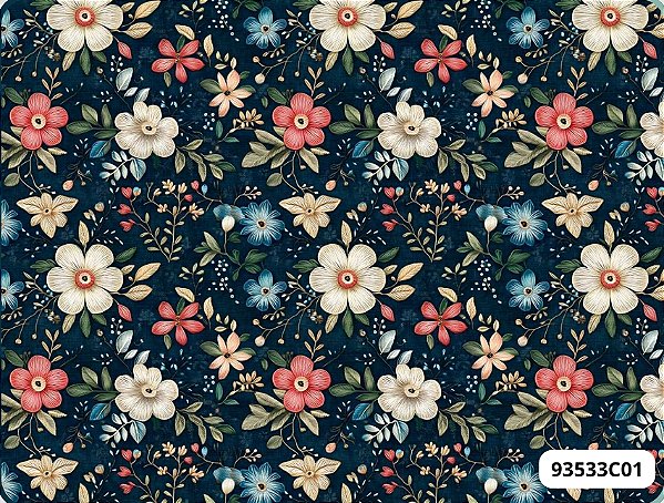 TRICOLINE DIGITAL 100% ALGODÃO ESTAMPADA 3D FLORAL FUNDO AZUL MARINHO 0,50cm x 1,50m | 93533C01