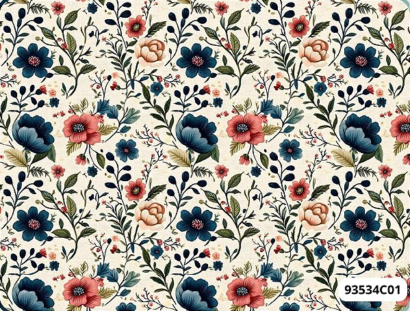 TRICOLINE DIGITAL 100% ALGODÃO ESTAMPADA 3D FLORAL MENOR  FUNDO CLARO 0,50cm x 1,50m | 93534C01