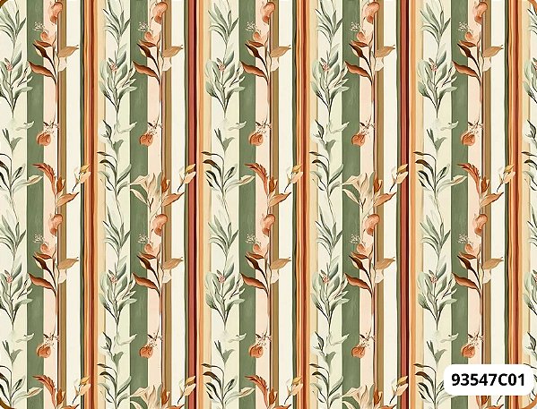 TECIDO TRICOLINE DIGITAL 100% ALGODÃO ESTAMPADO FOLHAS COM FUNDO LISTRADO 0,50cm X 1,50 | 93547C01