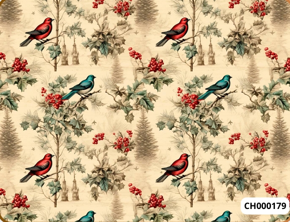 TRICOLINE DIGITAL 100% ALGODÃO ESTAMPADA NATAL PASSAROS VINTAGEM  0,50cm x 1,50m | CH000179