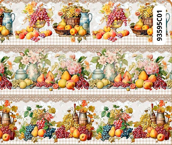TRICOLINE DIGITAL 100% ALGODÃO BARRADO ESTAMPADA FRUTAS VINTAGE 0,55cm x 1,50m | 93595C01