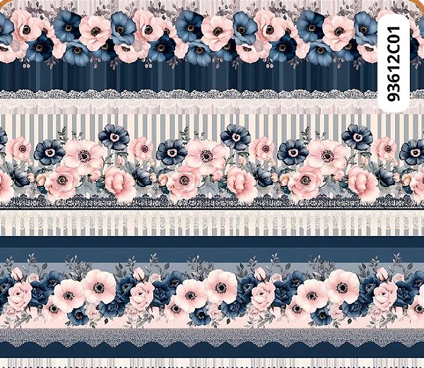 TRICOLINE DIGITAL 100% ALGODÃO BARRADO ESTAMPADA FLORES MARINHO E ROSA 0,55cm x 1,50m | 93612C01