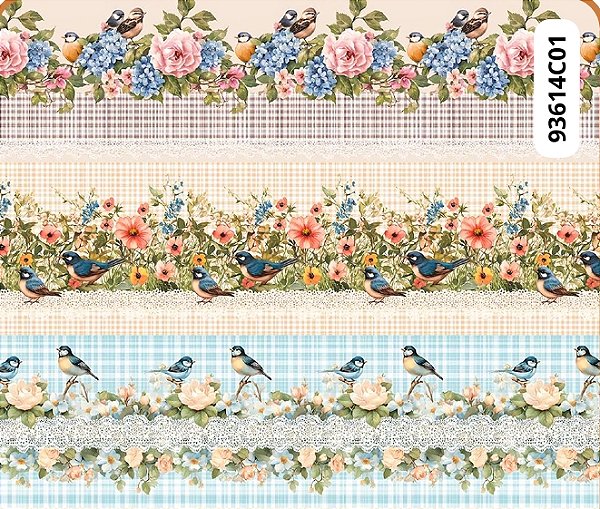 TRICOLINE DIGITAL 100% ALGODÃO BARRADO ESTAMPADA PASSAROS 0,55cm x 1,50m | 93614C01