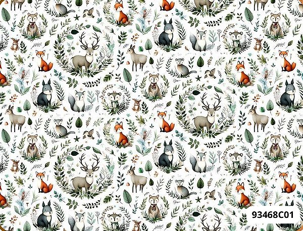 TECIDO TRICOLINE DIGITAL 100% ALGODÃO  ESTAMPADO SELVA FOFA ANIMAIS 0,50cm X 1,50m | 93468C01